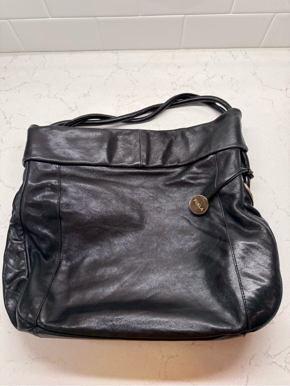 Furla Black Leather Slouchy Shoulder Bag with Gold Charm